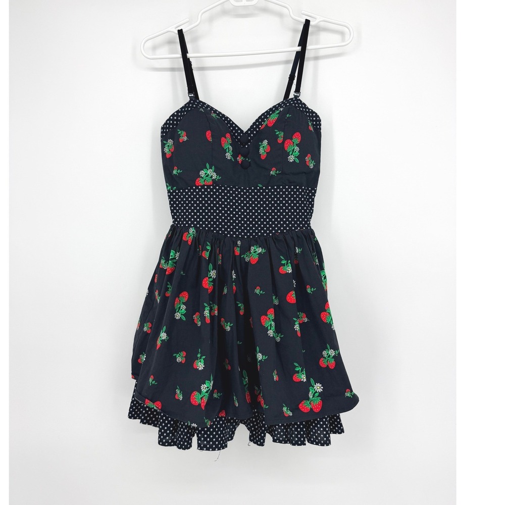 Hell Bunny Strawberry Polka Dot Mini Dress Black Red Rockabilly Small